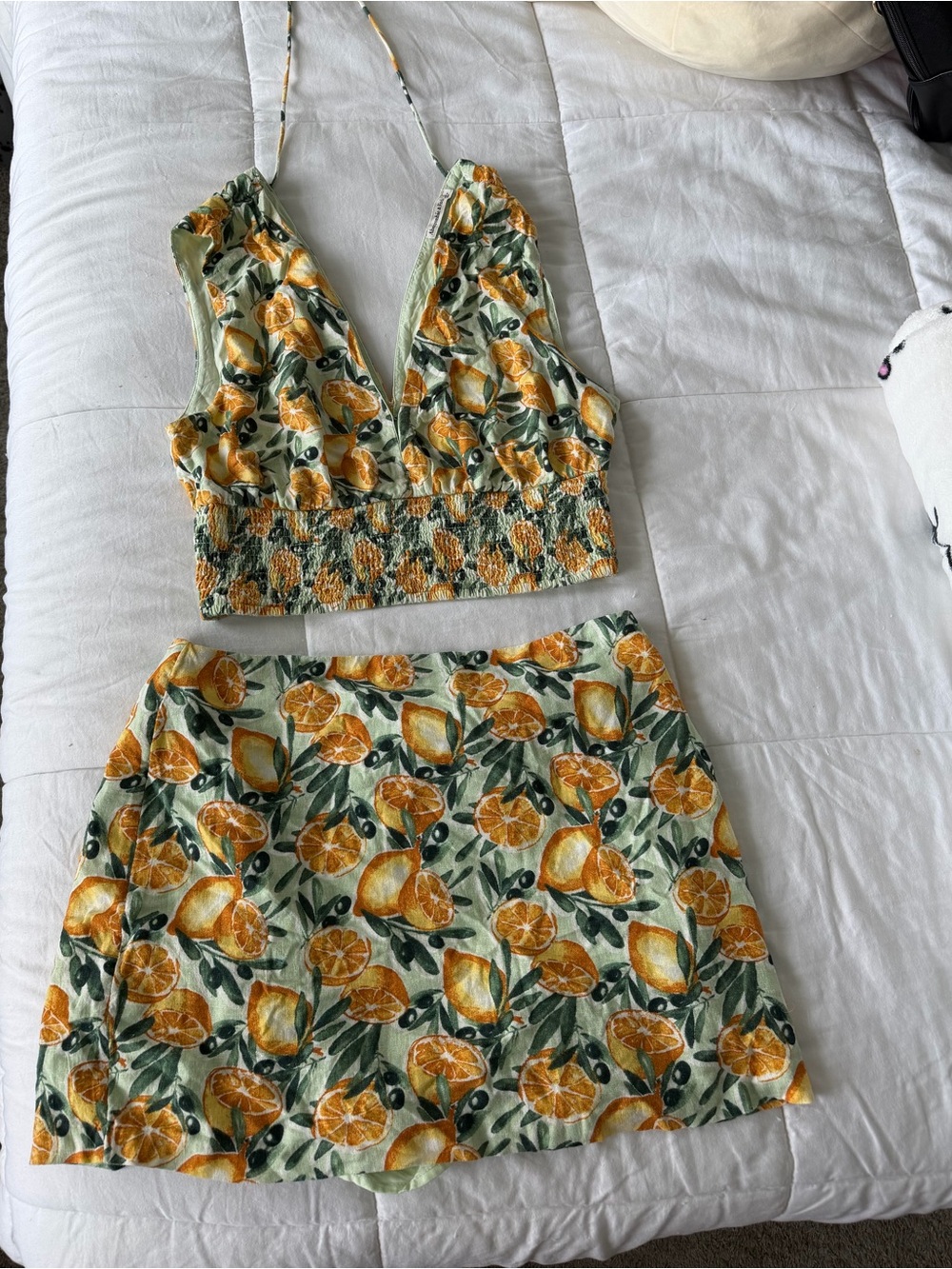 Abercrombie & Fitch Citrus Print Crop Top and Skirt Set - Yellow, Green, White